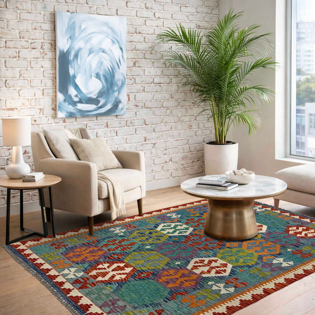 Afghan Kilim Rug 3' 6" x 5' 3" Flat-Weave | No. AL34505