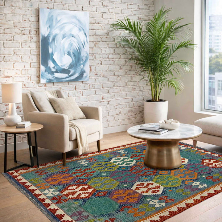 Afghan Kilim Rug 3' 6" x 5' 3" Flat-Weave | No. AL34505