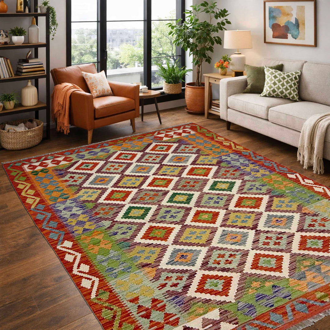 Afghan Vegetable Kilim Rug 4'11" x 6'6" Flat-Weave reverse