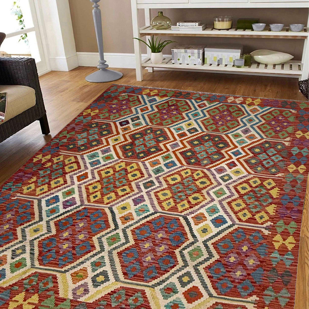 Afghan Vegetable Kilim Rug 4' 11" x 6' 5" Flat-Weave reverse