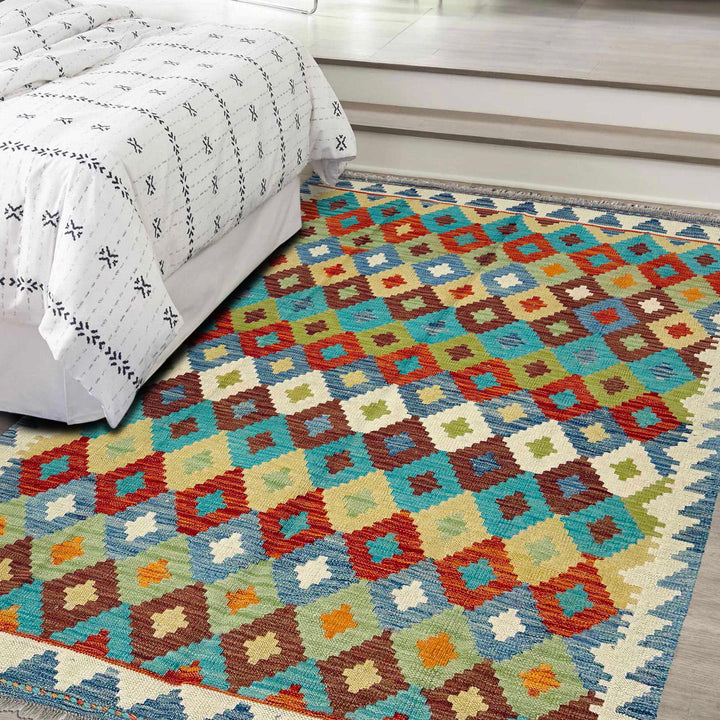Afghan Vegetable Kilim Rug 4' 11" x 6' 6" Flat-Weave reverse