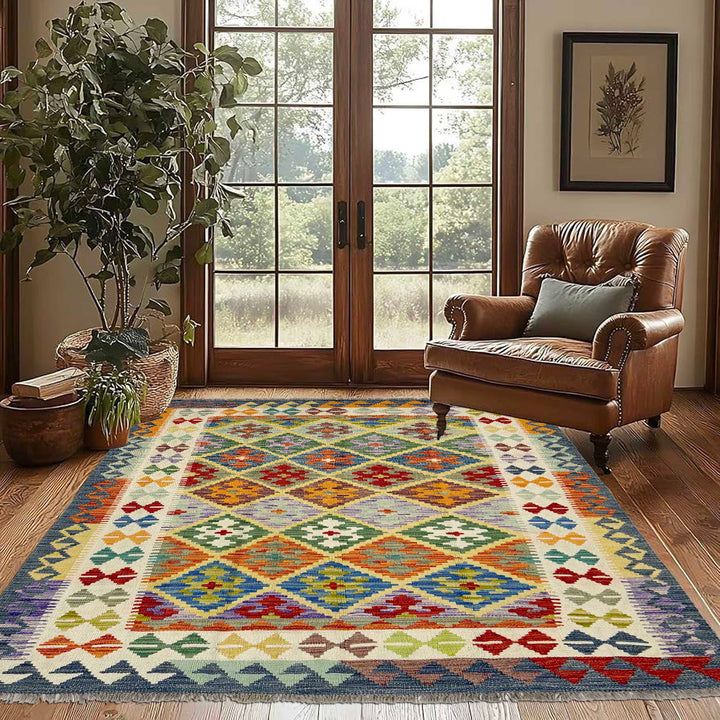 Afghan Vegetable Kelim Rug 4' 10" x 6' 6" Flat-Weave reverse