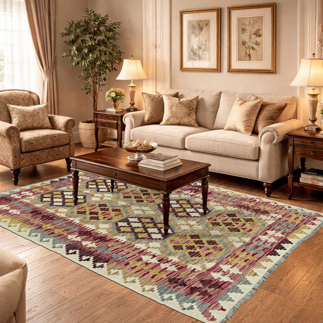 Afghan Vegetable Kilim Rug 5' 0" x 6' 5" Flat-Weave reverse