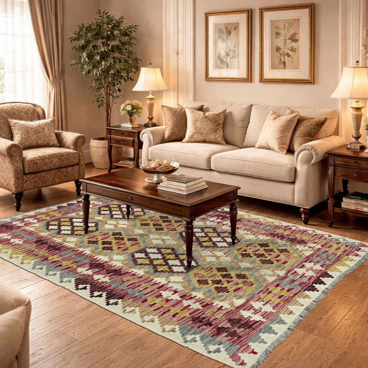 Afghan Vegetable Kilim Rug 5' 0" x 6' 5" Flat-Weave reverse