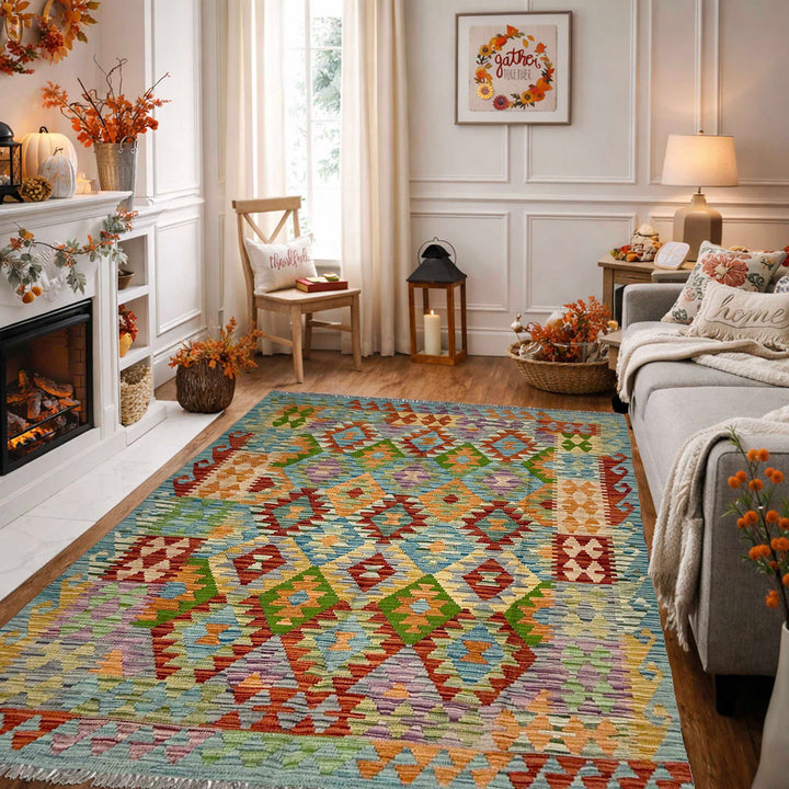 Afghan Kilim Rug 5' 0" x 6' 7" Flat-Weave reverse