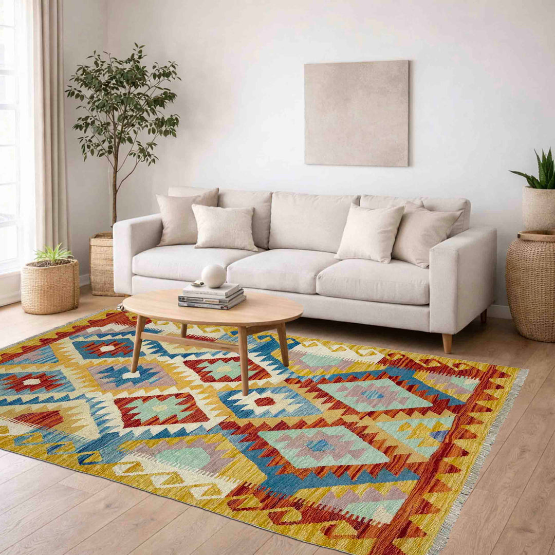 Afghan Vegetable Kilim Rug 4' 2" x 5' 8" Flat-Weave reverse