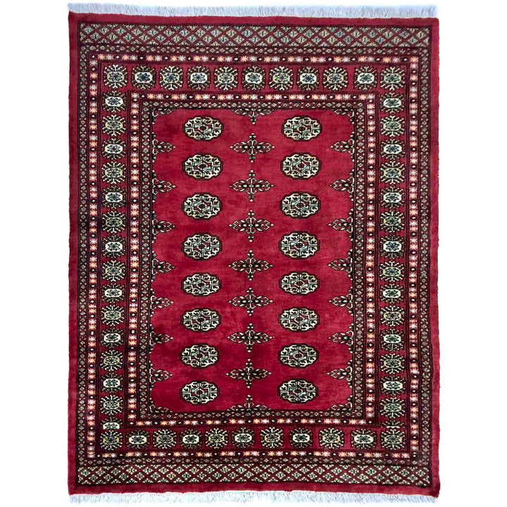 Vibrant Red Pakistani Bokhara Rug 4'1" x 5'10" Hand-Knotted
