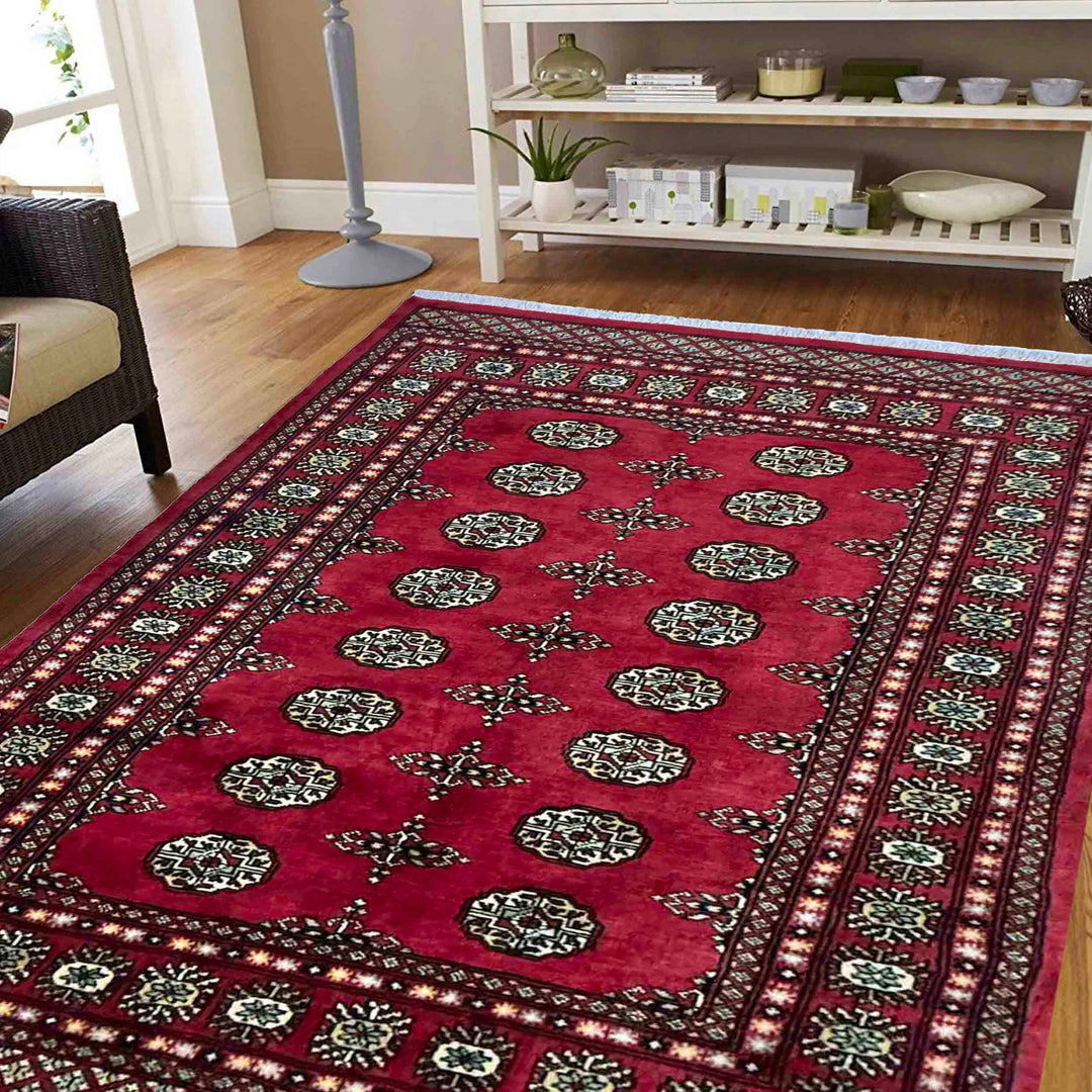 Vibrant Red Pakistani Bokhara Rug 4'1" x 5'10" Hand-Knotted reverse