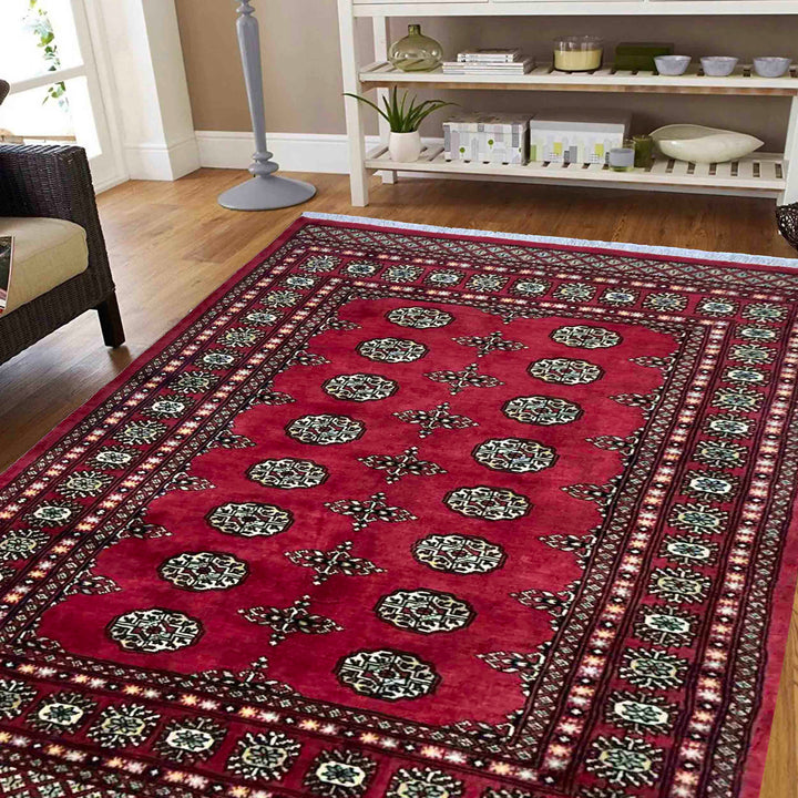 Vibrant Red Pakistani Bokhara Rug 4'1" x 5'10" Hand-Knotted reverse