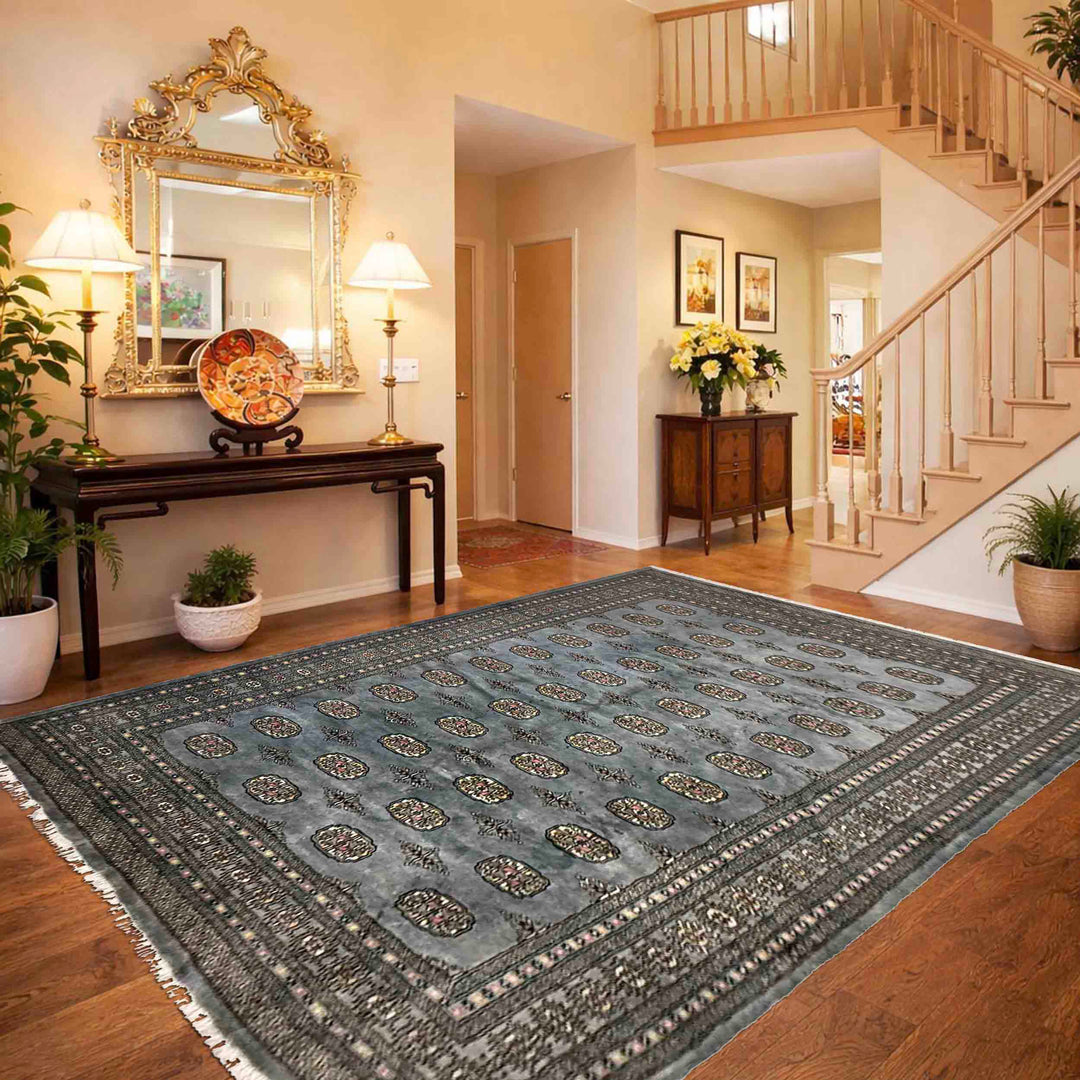 Gray Pakistani Bokhara Rug 6' 8" x 9' 8" Hand-Knotted reverse