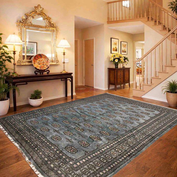 Gray Pakistani Bokhara Rug 6' 8" x 9' 8" Hand-Knotted reverse