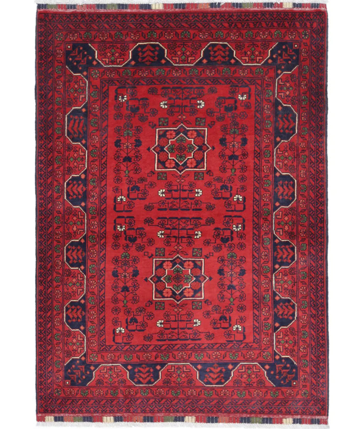 Red Afghan Khamyab Rug 3' 4" x 4' 9" Hand-Knotted | No. AT62501