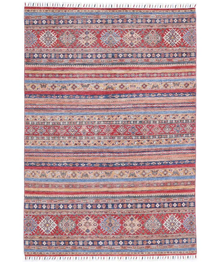 Red Afghan Khurjeen Rug 4' 11" x 7' 2" Hand-Knotted | No. AT11753