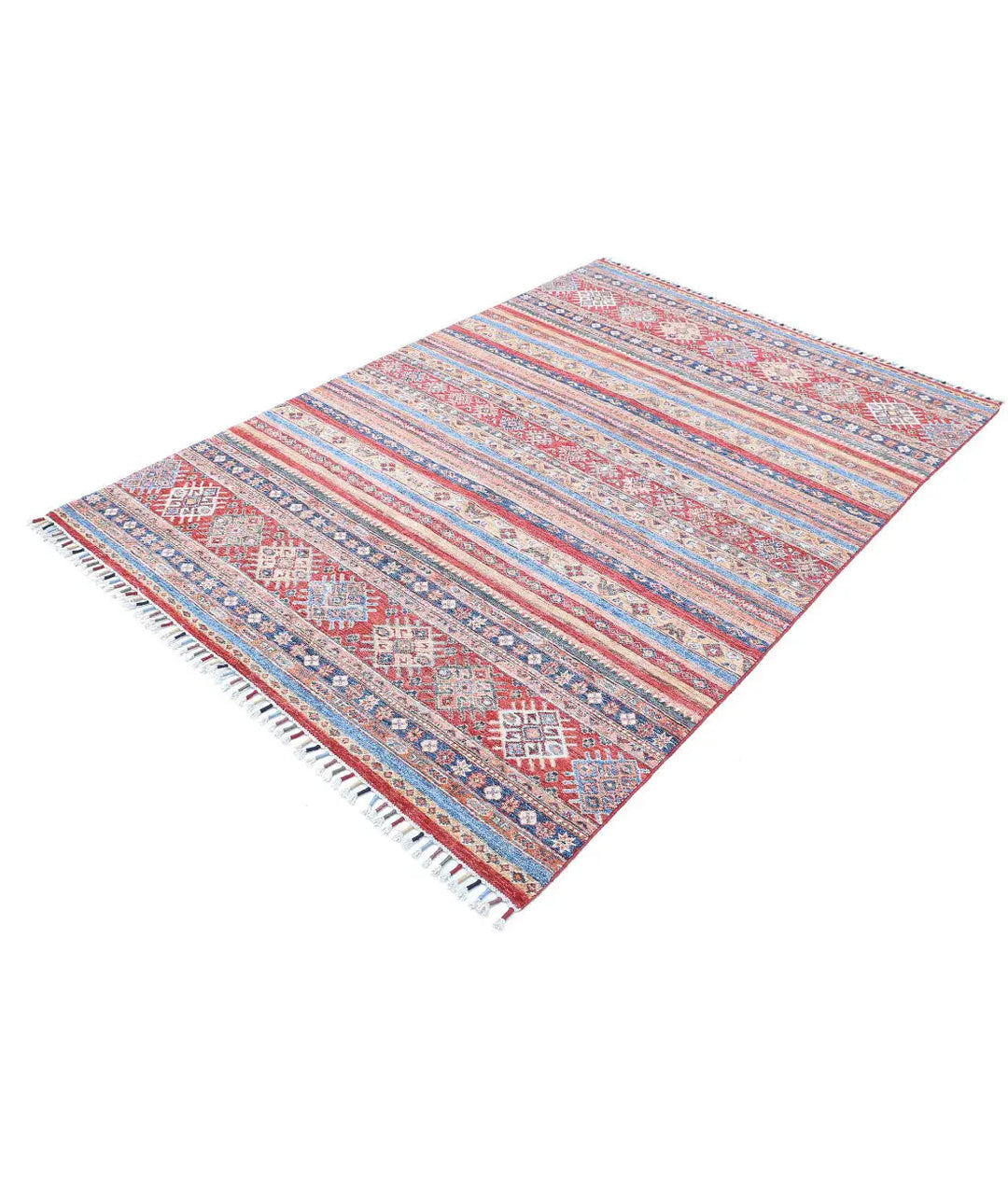 Red Afghan Khurjeen Rug 4' 11" x 7' 2" Hand-Knotted | No. AT11753