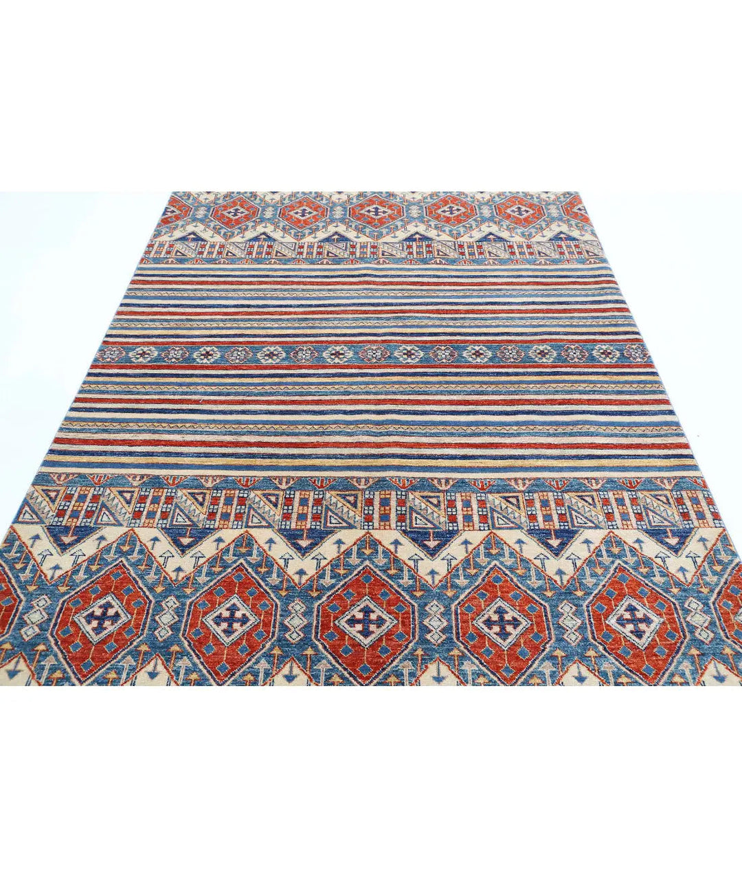 Ivory Afghan Khurjeen Rug 5' 5" x 7' 11" Hand-Knotted | No. AT11532