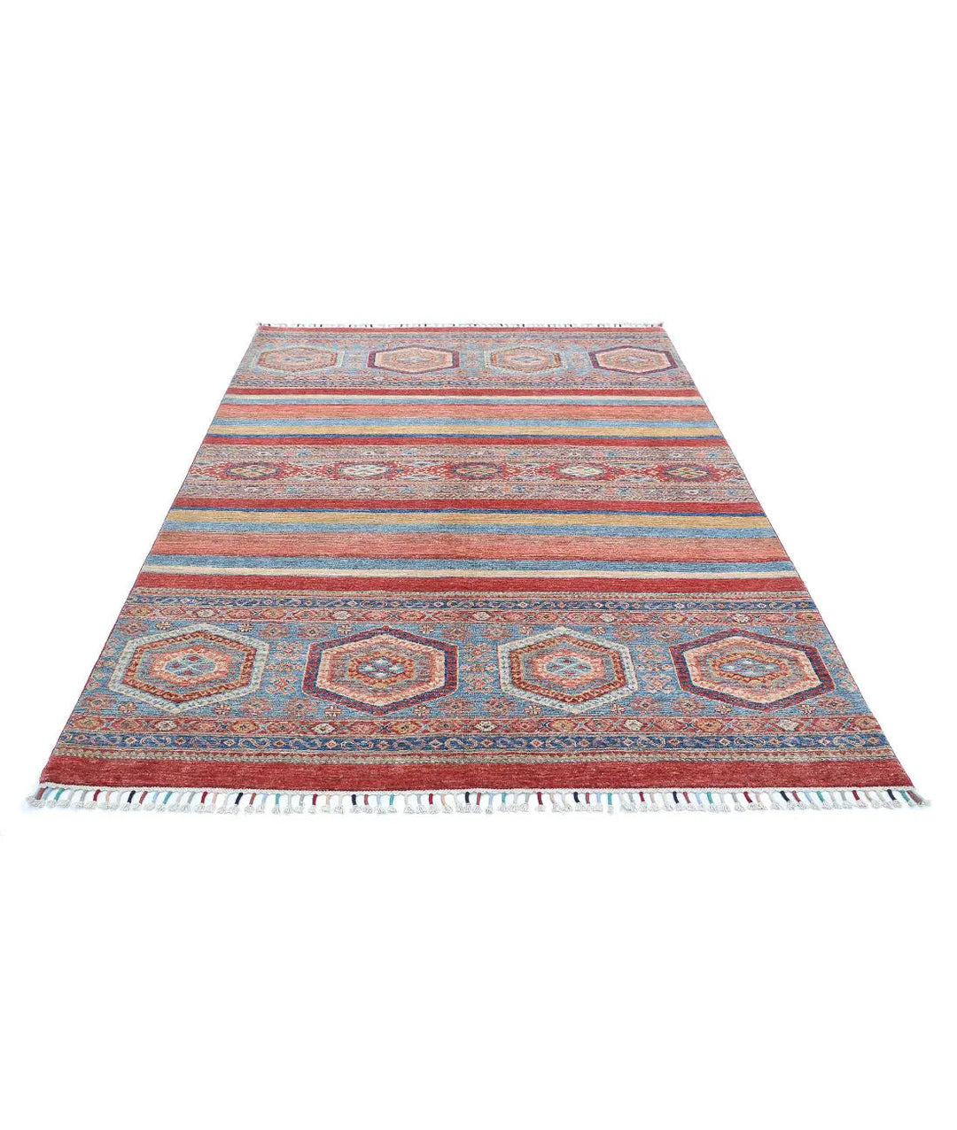 Red Afghan Khurjeen Rug 5' 6" x 8' 0" Hand-Knotted | No. AT11074