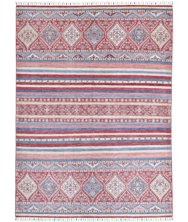 Red Afghan Khurjeen Rug 5' 8" x 7' 8" Hand-Knotted | No. AT23060