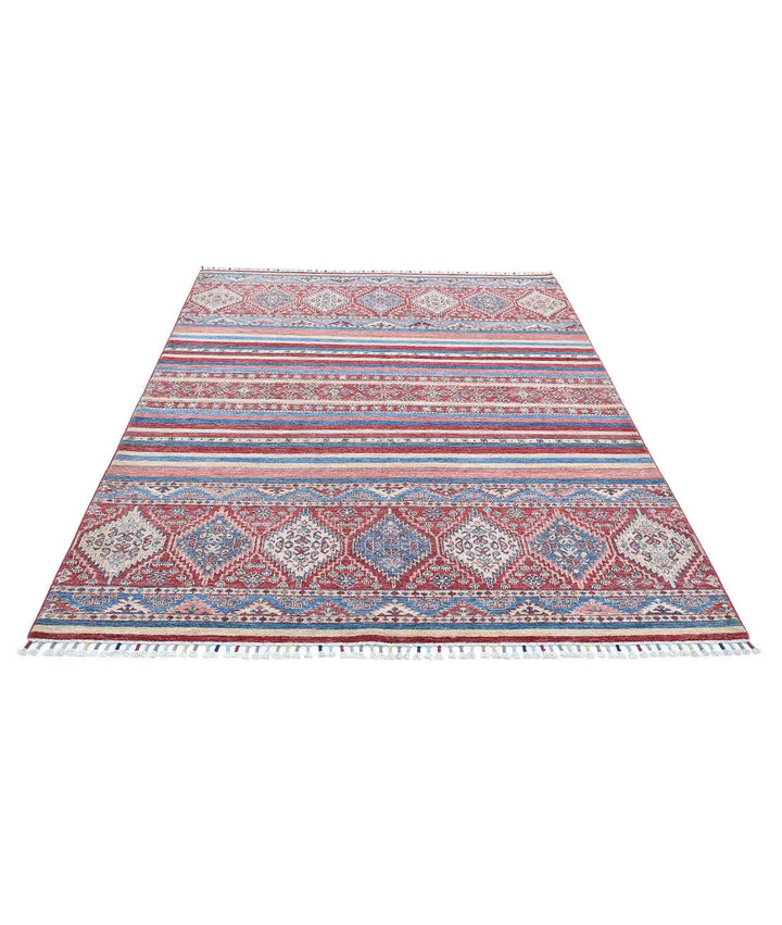 Red Afghan Khurjeen Rug 5' 8" x 7' 8" Hand-Knotted | No. AT23060