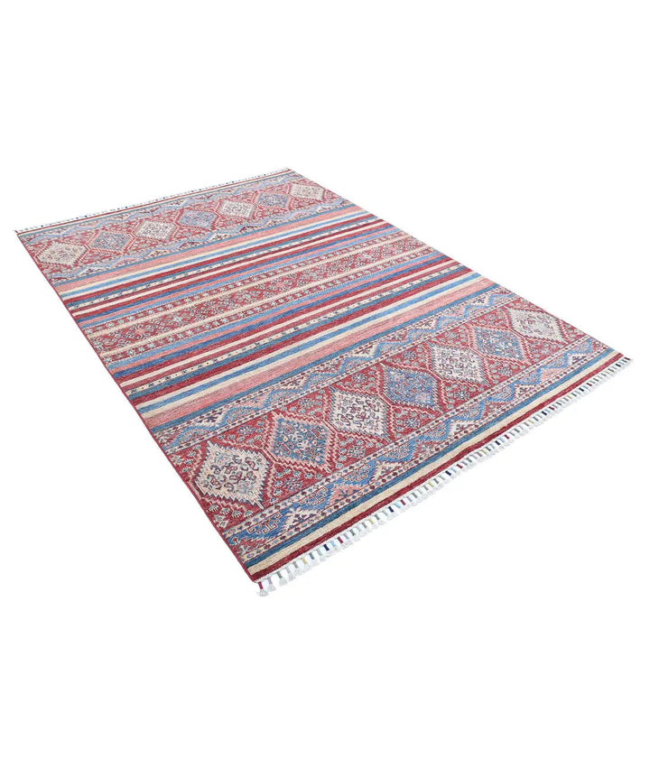 Red Afghan Khurjeen Rug 5' 8" x 7' 8" Hand-Knotted | No. AT23060