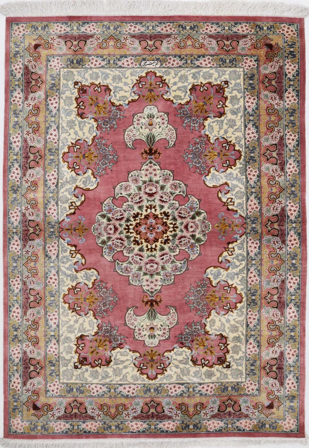 Hand Knotted Masterpiece Oriental Qum Silk Rug 3' 4" x 4' 10" - No. AT82386