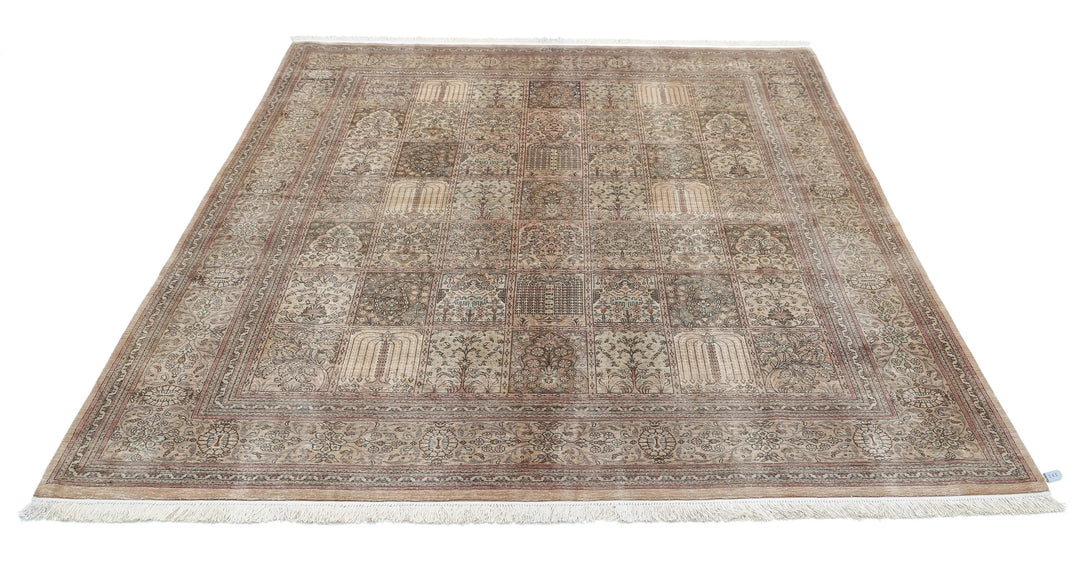 Brown Oriental Qum Silk Rug 6'3" x 7'1" Hand-Knotted | No. AT79940