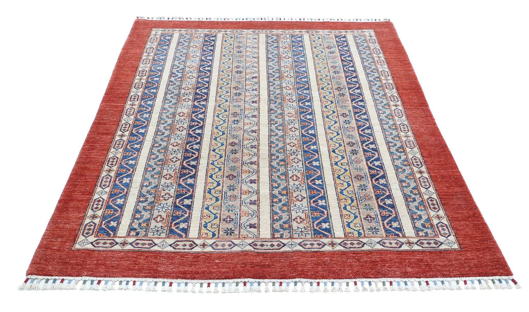 Red Afghan Oriental Rug 4' 9" x 6' 6" Hand-Knotted | No. AT96393