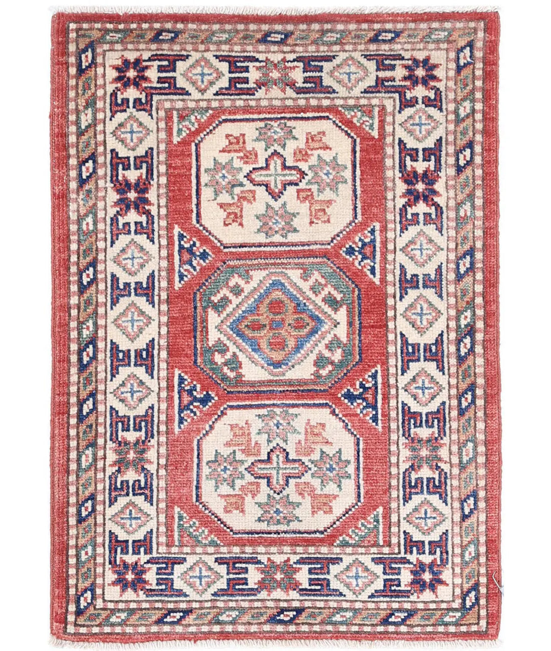 Red Afghan Kazak Rug 2' 0" x 2' 10" Hand-Knotted | No. AT47345