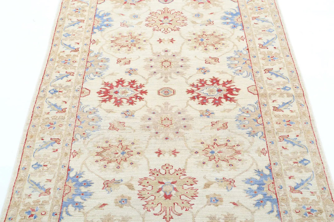 Ivory Afghan Ziegler Rug 4' 2" x 5' 8" Hand-Knotted | No. AT20485