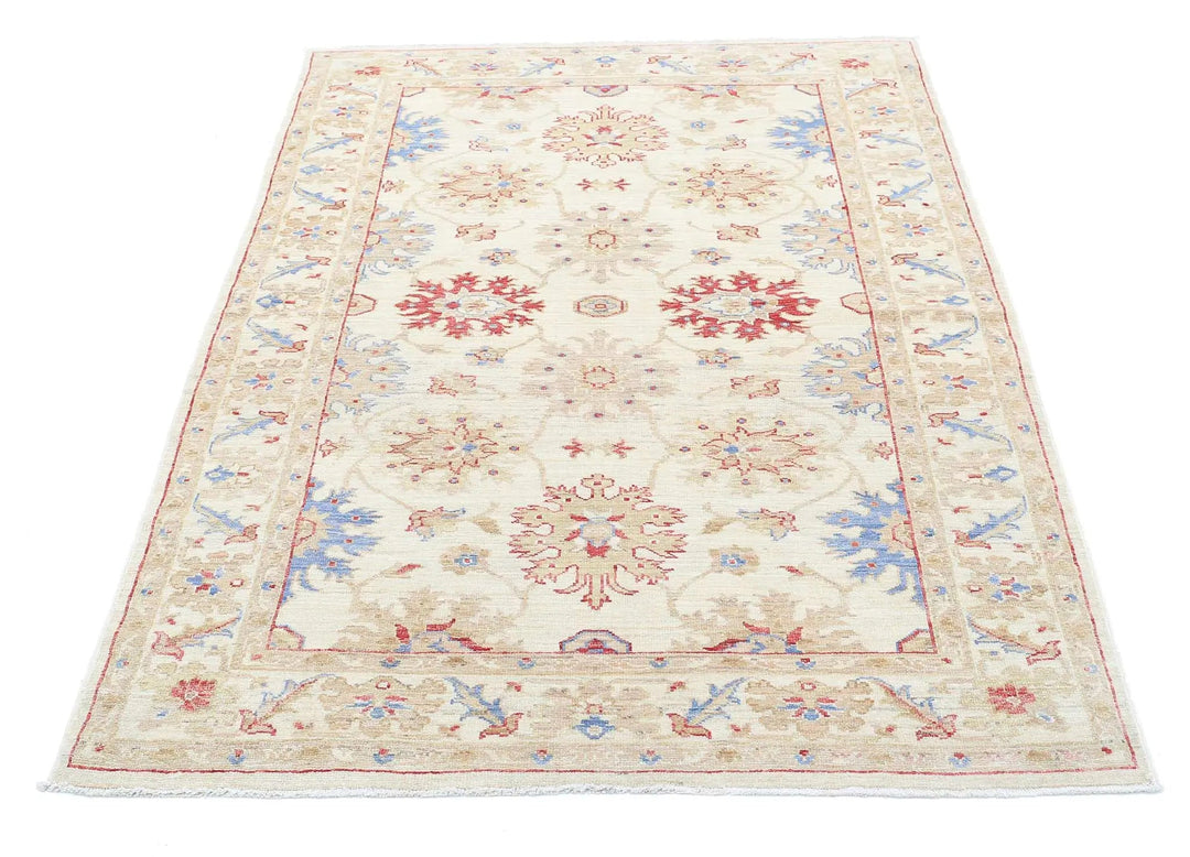 Ivory Afghan Ziegler Rug 4' 2" x 5' 8" Hand-Knotted | No. AT20485