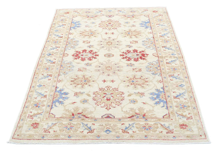 Ivory Afghan Ziegler Rug 4' 2" x 5' 8" Hand-Knotted | No. AT20485
