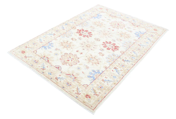 Ivory Afghan Ziegler Rug 4' 2" x 5' 8" Hand-Knotted | No. AT20485