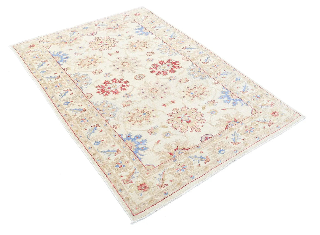 Ivory Afghan Ziegler Rug 4' 2" x 5' 8" Hand-Knotted | No. AT20485