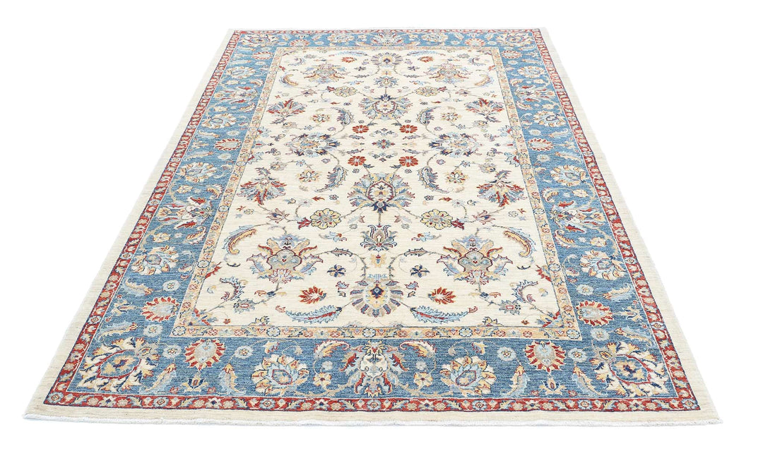 Ivory Afghan Ziegler Rug 5'6" x 8'1" Hand-Knotted close-up
