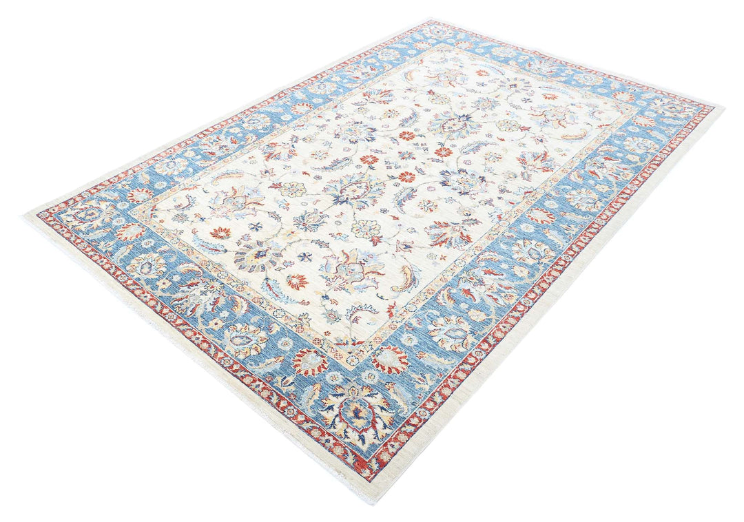 Ivory Afghan Ziegler Rug 5'6" x 8'1" Hand-Knotted pattern