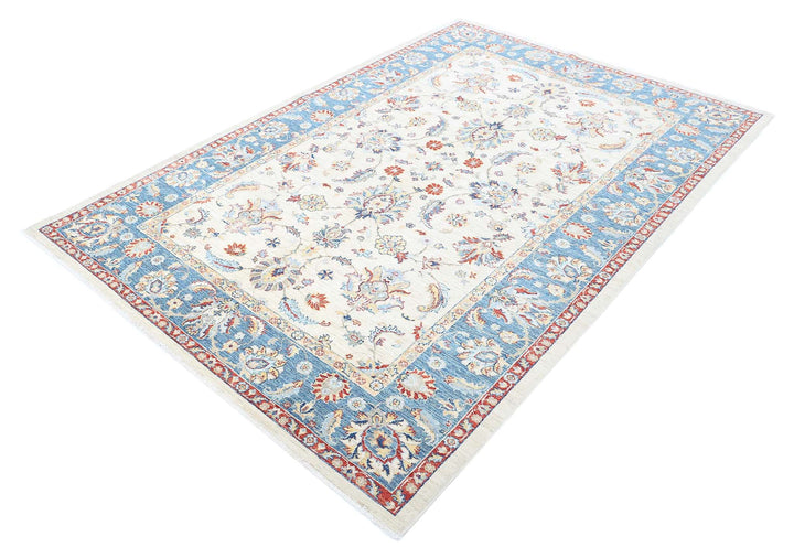 Ivory Afghan Ziegler Rug 5'6" x 8'1" Hand-Knotted pattern