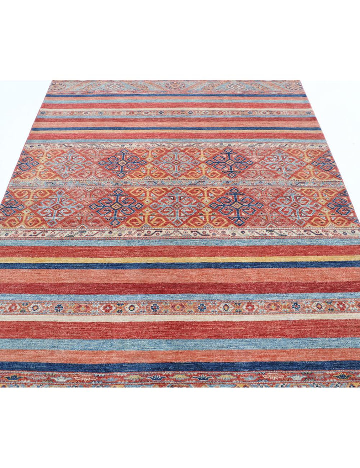 Red Afghan Khurjeen Rug 5' 7" x 8' 1" Hand-Knotted | No. AT37212