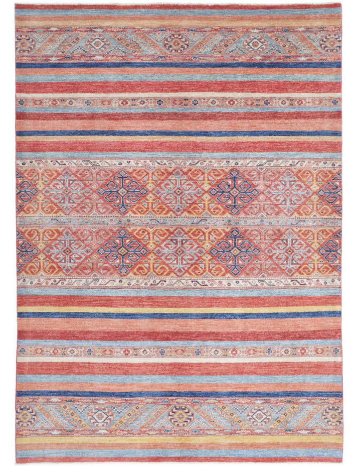 Red Afghan Khurjeen Rug 5' 7" x 8' 1" Hand-Knotted | No. AT37212