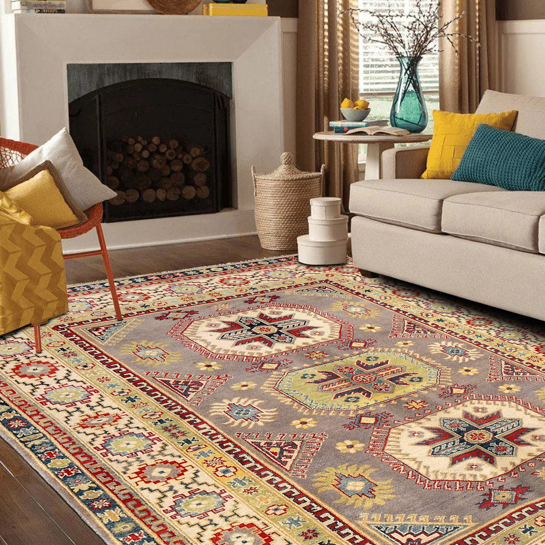 Gray Afghan Kazak Rug 5'7" x 8'0" Hand-Knotted texture