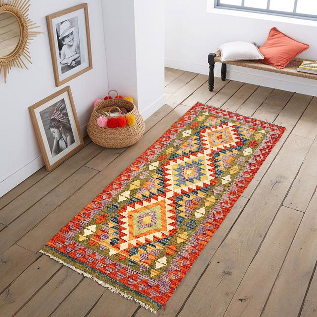 Colorful Flat-Weave Wool Kilim Runner 2' 4" x 6' 6" - No. AL55906