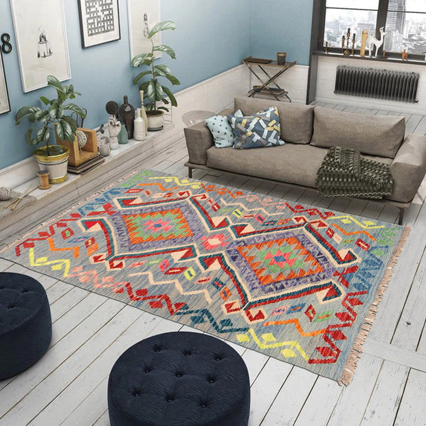 Colorful Flat-Weave Wool Kilim 3' 4" x 4' 8" - No. AL84441