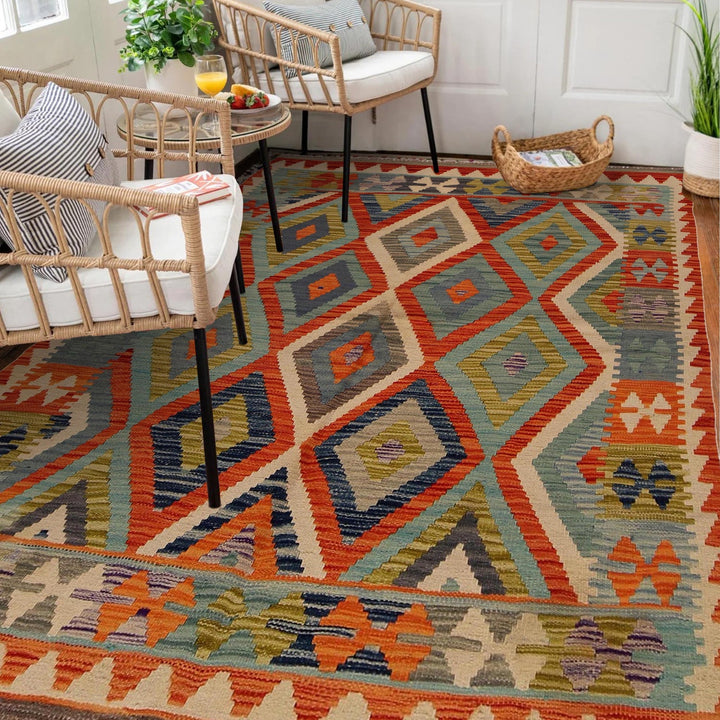 Colorful Flat-Weave Wool Kilim 4' 11" x 6' 6" - No. AL90802