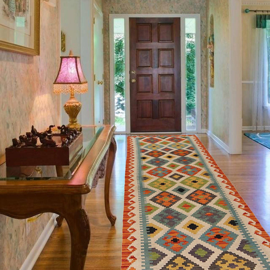 Hand Knotted Afghan Style Kilim Runner 2' 8" x 9' 7" - No. AL69574