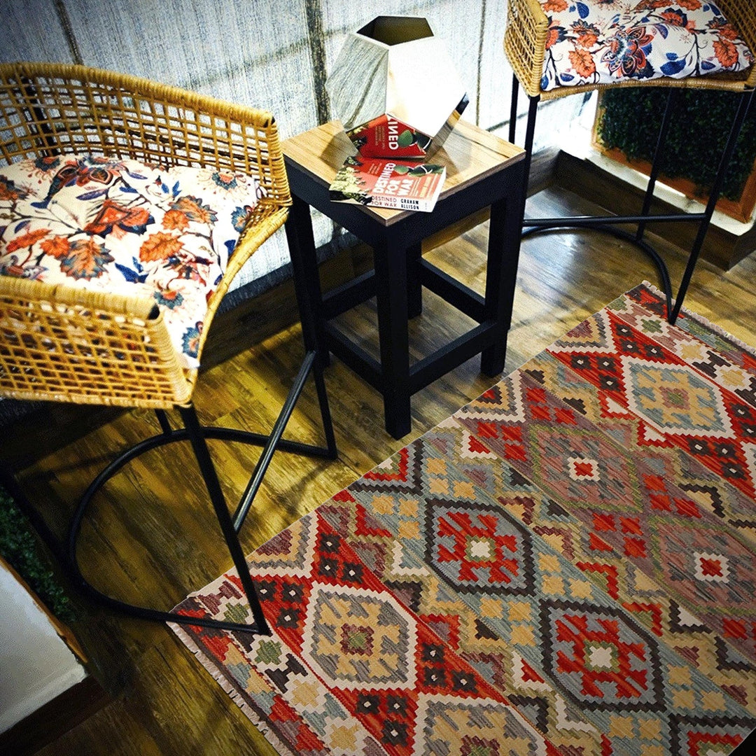 Colorful Flat-Weave Wool Kilim 3' 4" x 4' 9" - No. AL22333