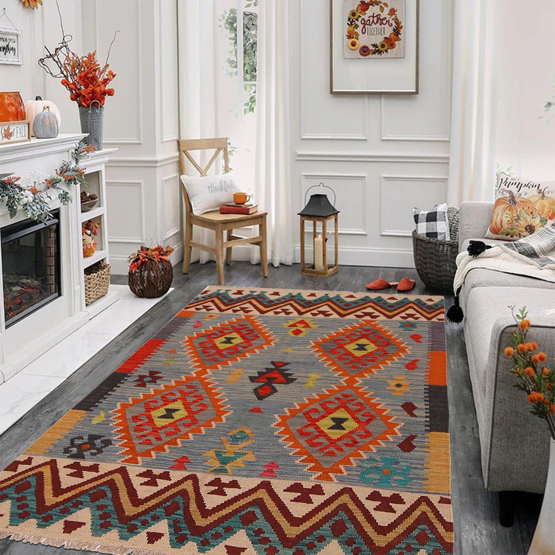 Handmade Turkish Design Wool Kilim 4' 3" x 5' 7" - No. AL66350