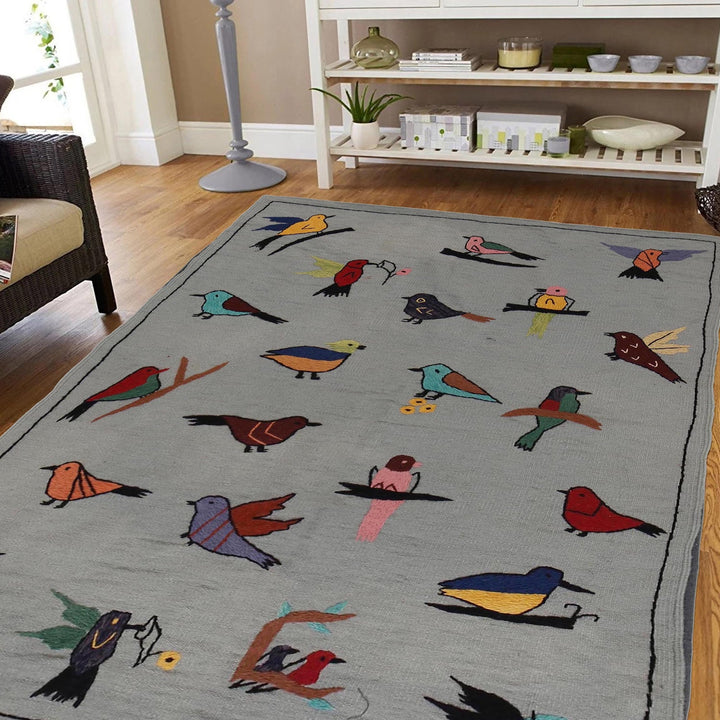 Gray Color Embroidery Flat Weave Kilim 3' 11" x 5' 9" - No. AL66633