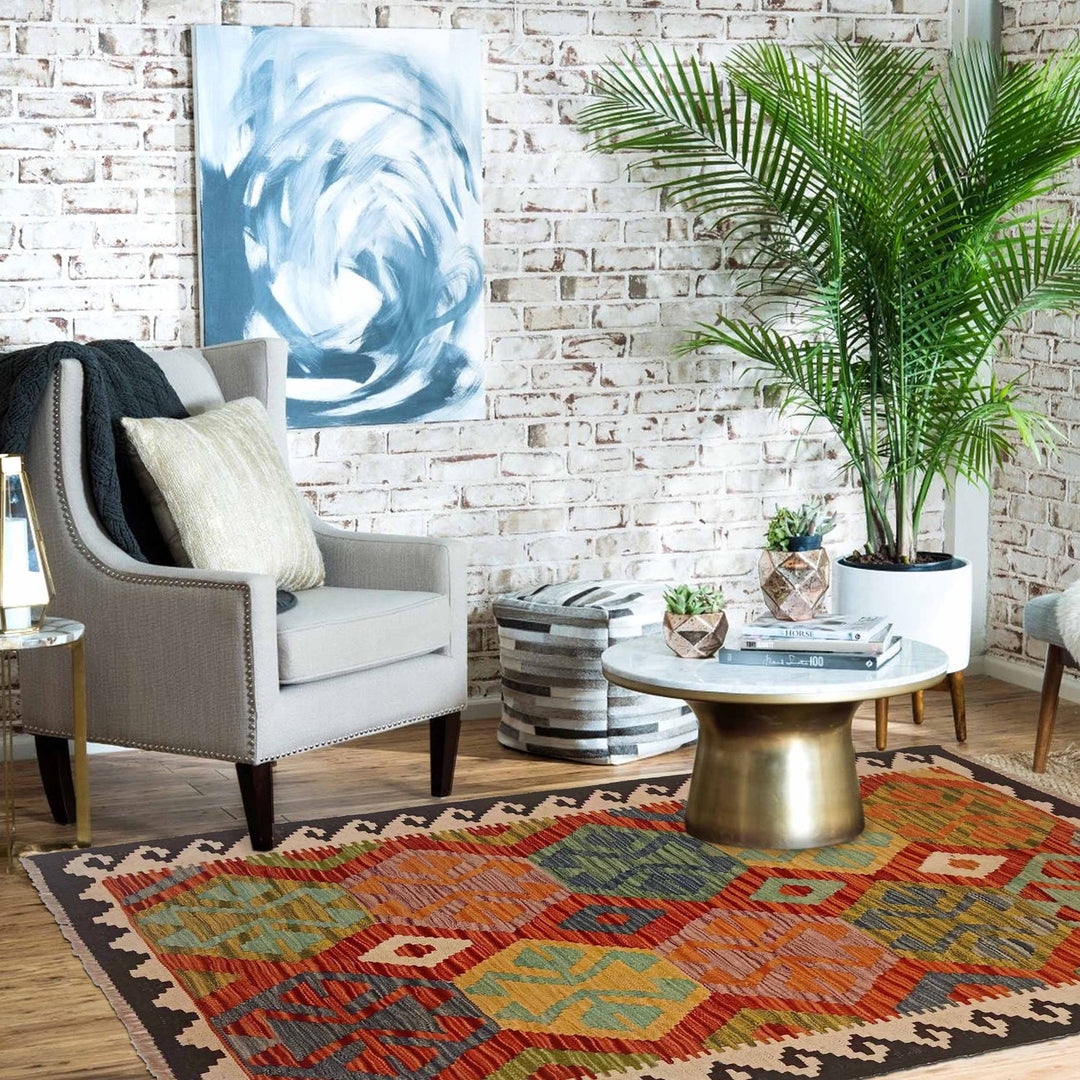 Multi Color ful Flat-Weave Wool Kilim 3' 5" x 5' 1" - No. AL51295