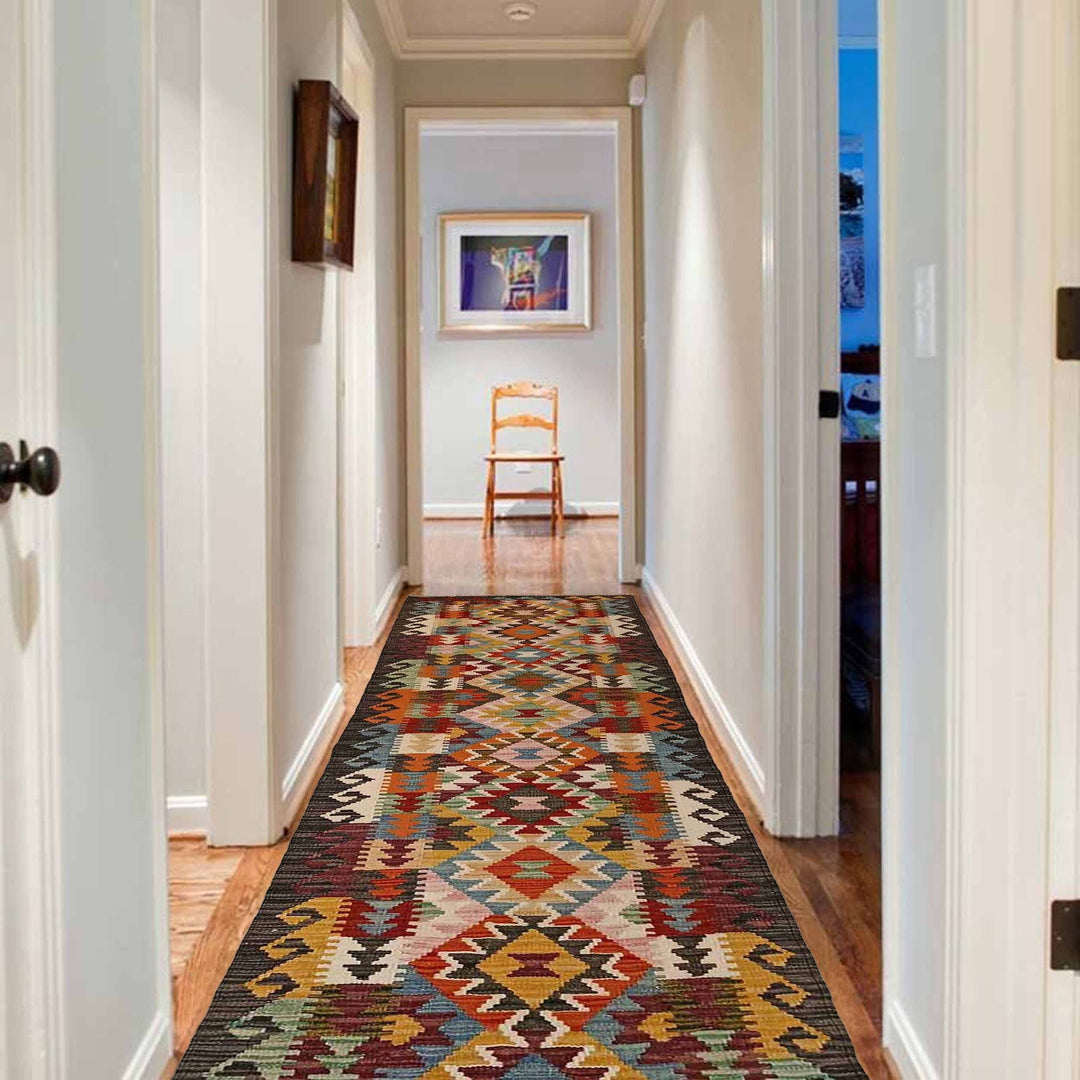 Hand Woven Wool Kelim Runner 1' 10" x 9' 5" - No. AL27365