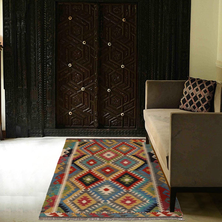 Hand Knotted Afghan Style Kilim 3' 4" x 4' 11" - No. AL99339