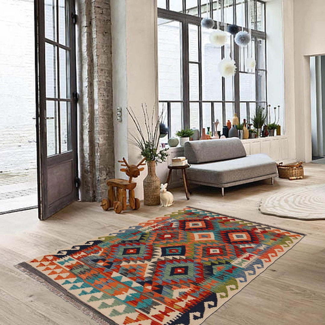 Multi Color ful Flat-Weave Wool Kilim 3' 4" x 4' 11" - No. AL30171