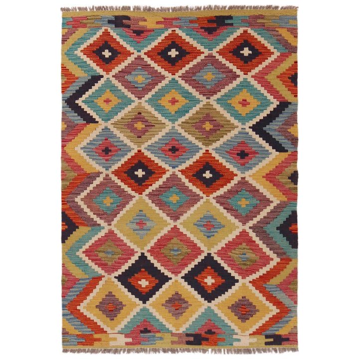 Multi Color ful Flat-Weave Wool Kilim 3' 4" x 4' 10" - No. AL82064